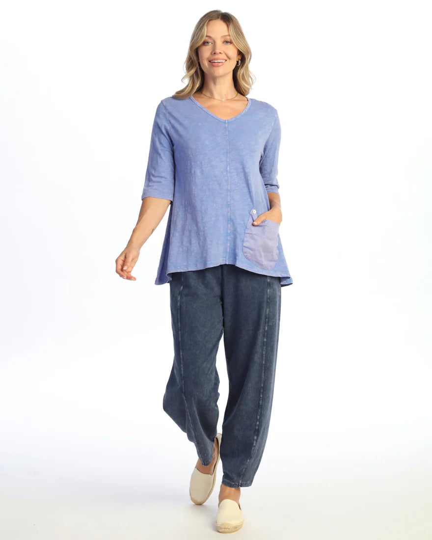 Jess & Jane M139PAC PACIFIC Mineral Washed 100% Cotton V-Neck Elbow Sleeve Tunic With Contrast Pocket And Buttons