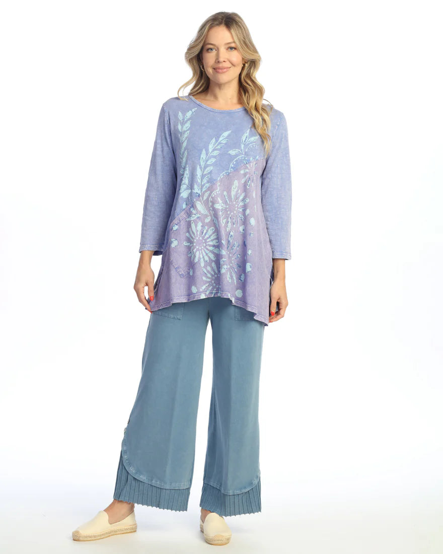 Jess & Jane M622105 PAC NAPOLI Mineral Washed 100% Cotton Tunic Top With Asymmetric Linen Contrast And Patch Pocket