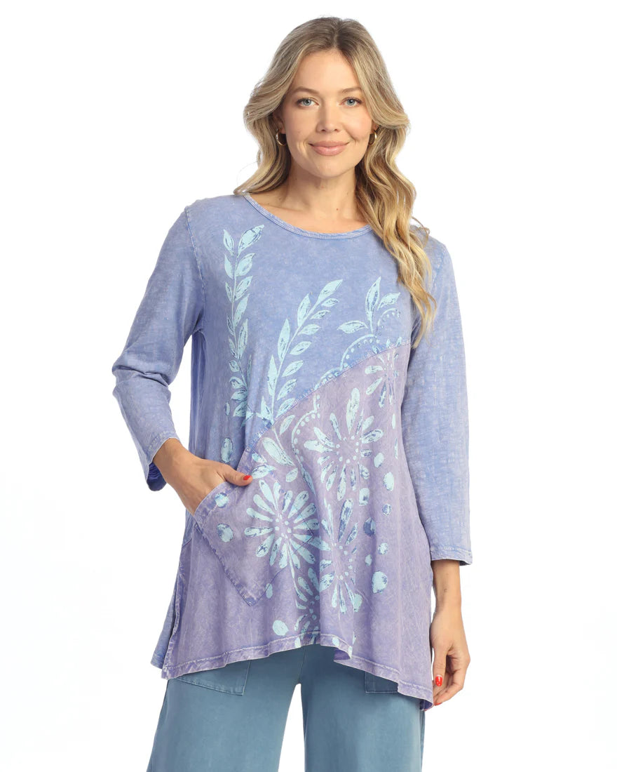 Jess & Jane M622105 PAC NAPOLI Mineral Washed 100% Cotton Tunic Top With Asymmetric Linen Contrast And Patch Pocket