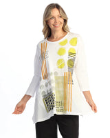 Jess & Jane M62-2224 White GALLERY Garment Dyed 100% Cotton Tunic Top With Asymmetric Linen Contrast And Patch Pocket