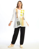 Jess & Jane M62-2224 White GALLERY Garment Dyed 100% Cotton Tunic Top With Asymmetric Linen Contrast And Patch Pocket