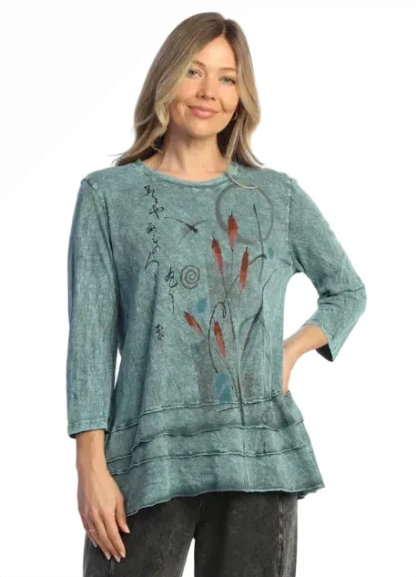 Jess & Jane M66-2282TE TEAL EMI Mineral Washed 100% Cotton Slub Ruffled Layered Tunic Top