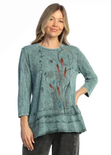 Jess & Jane M66-2282TE TEAL EMI Mineral Washed 100% Cotton Slub Ruffled Layered Tunic Top