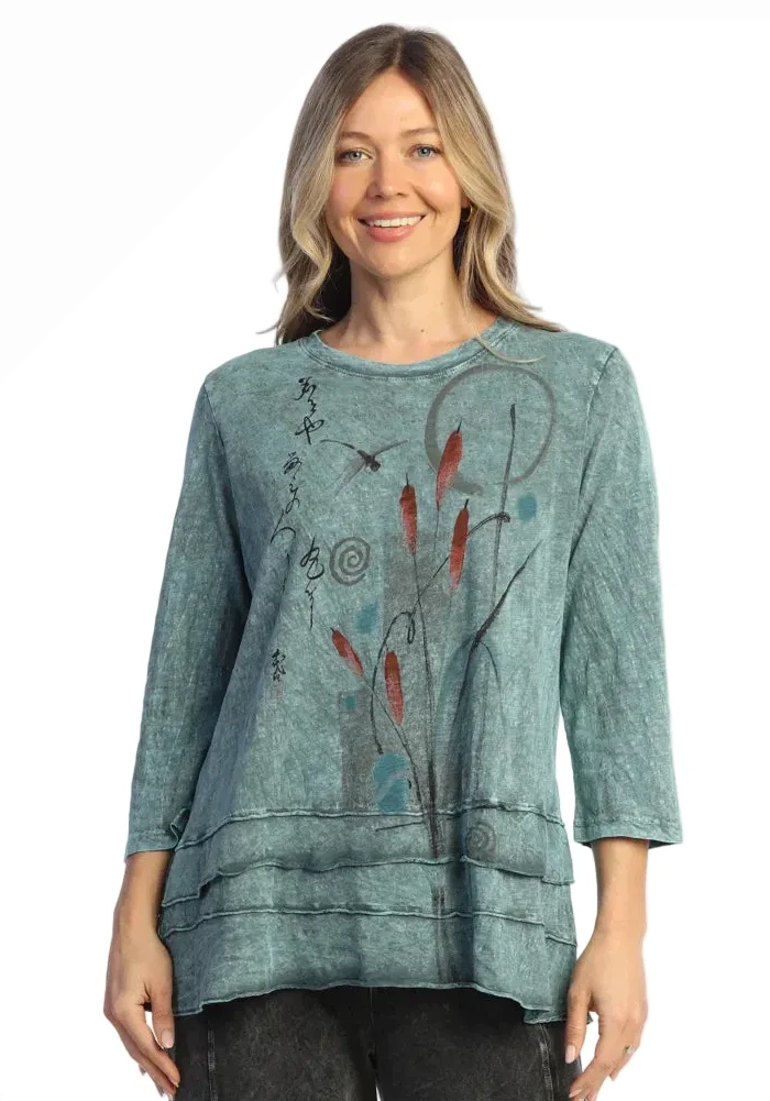 Jess & Jane M66-2282TE TEAL EMI Mineral Washed 100% Cotton Slub Ruffled Layered Tunic Top