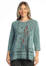 Jess & Jane M66-2282TE TEAL EMI Mineral Washed 100% Cotton Slub Ruffled Layered Tunic Top