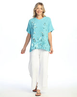 Jess & Jane M922096 SGL BOTANICA Mineral Washed 100% Cotton Gauze Short Sleeve Top With Fringe Accents