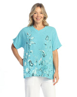 Jess & Jane M922096 SGL BOTANICA Mineral Washed 100% Cotton Gauze Short Sleeve Top With Fringe Accents