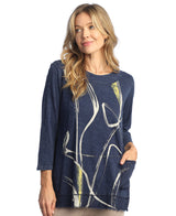 Jess & Jane M94-1460 Denim Willow Mineral Washed 100% Cotton Slub Tunic Top With Linen Contrast and Pocket