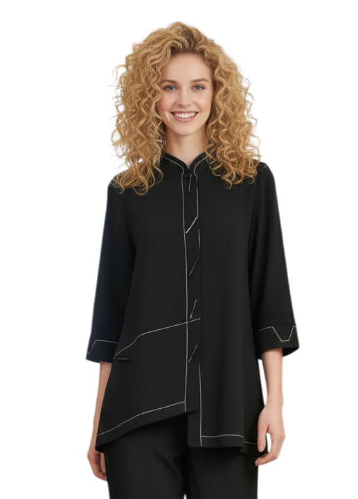 Moonlight 4311BK BLACK Button Front Asymmetric Jacket With White Stitching