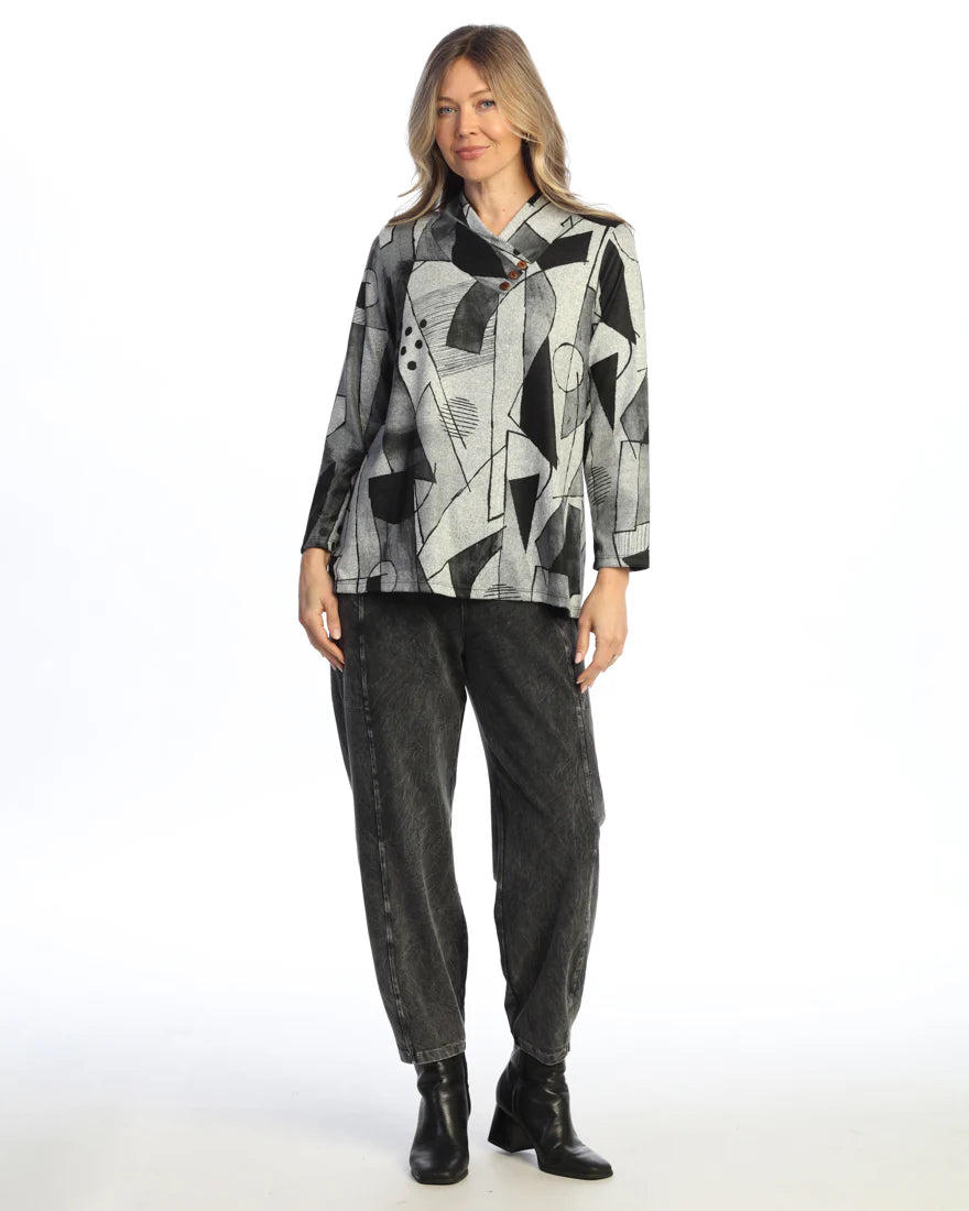Jess & Jane NB6-2254 Noir Novelty Brush Gathered Neck Top With Buttons