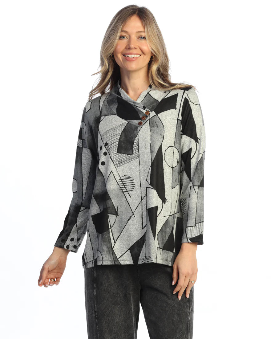 Jess & Jane NB6-2254 Noir Novelty Brush Gathered Neck Top With Buttons