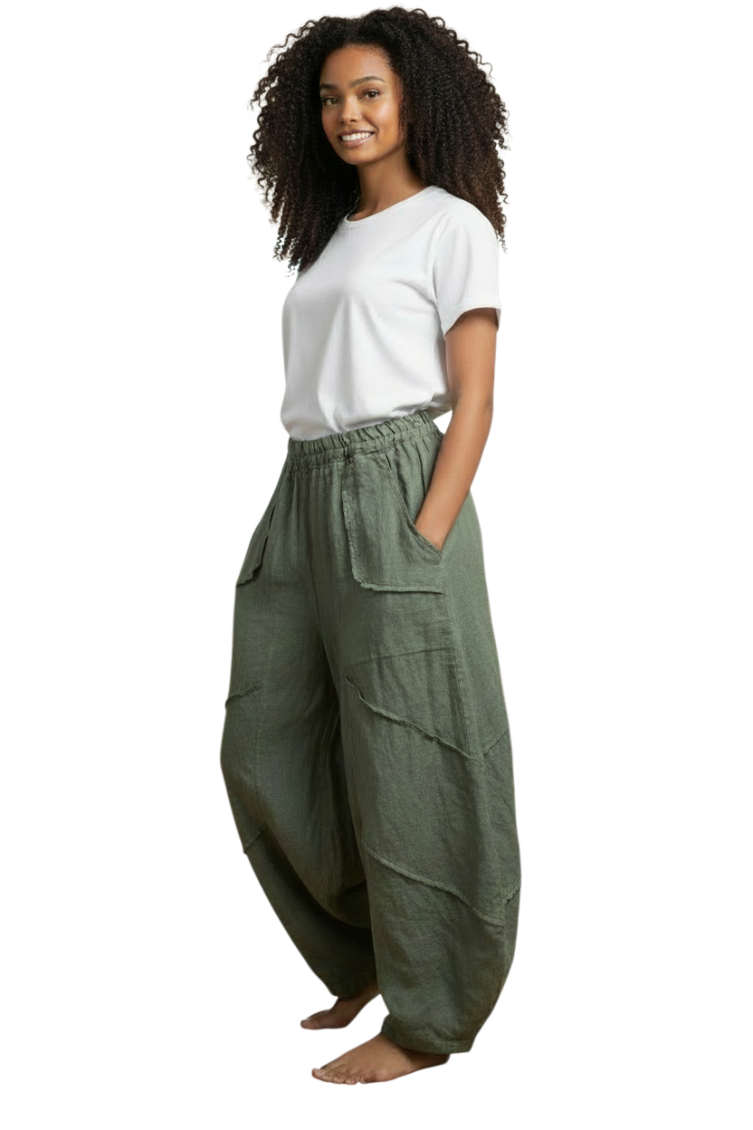Saga 30220OV OLIVE 100% Linen One Size Genie Raw Edge Stitch Pants