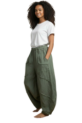 Saga 30220OV OLIVE 100% Linen One Size Genie Raw Edge Stitch Pants
