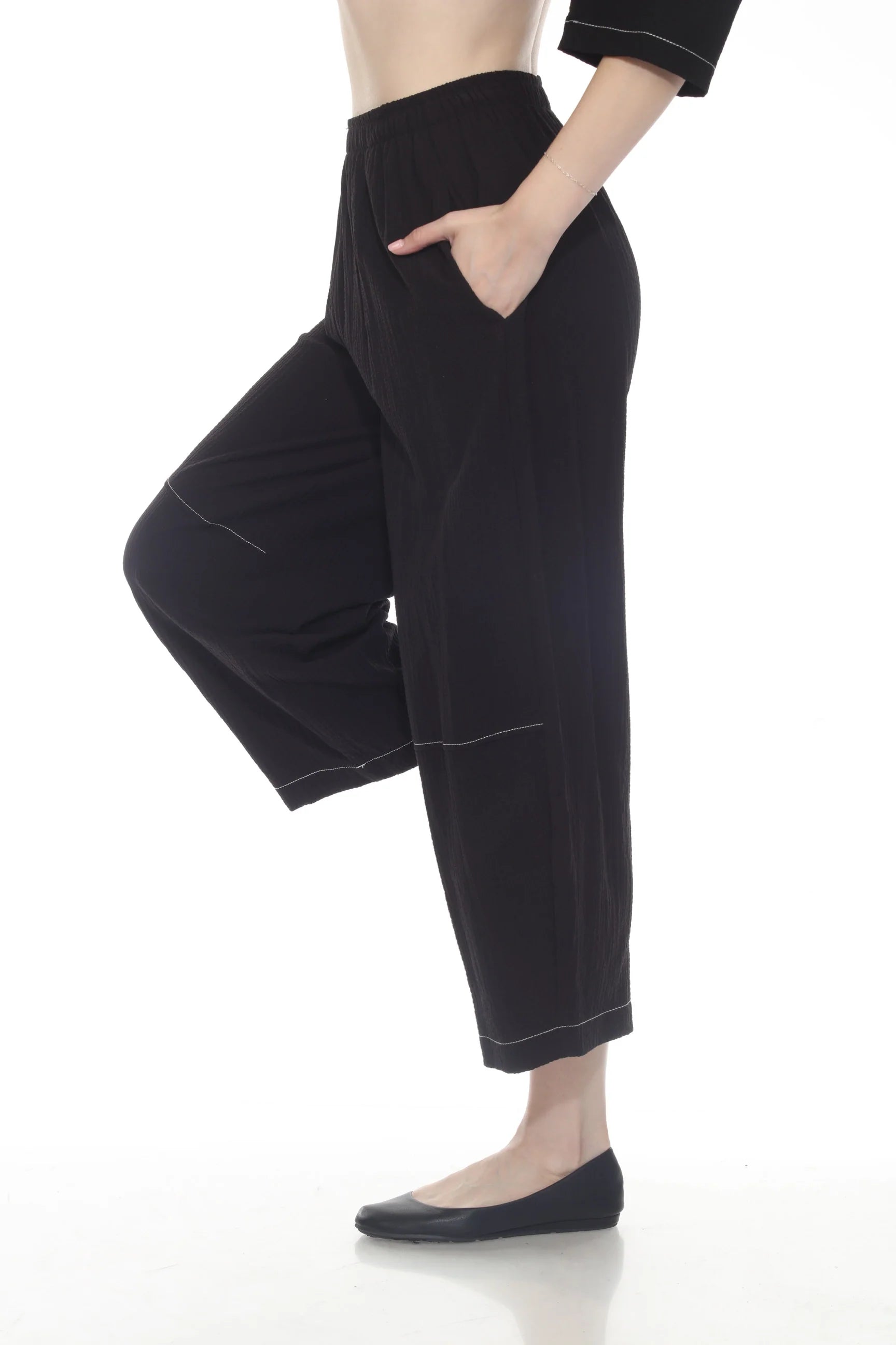 Moonlight P3922NP BLACK Pull-On Lantern Pants With White Contrast Stitching