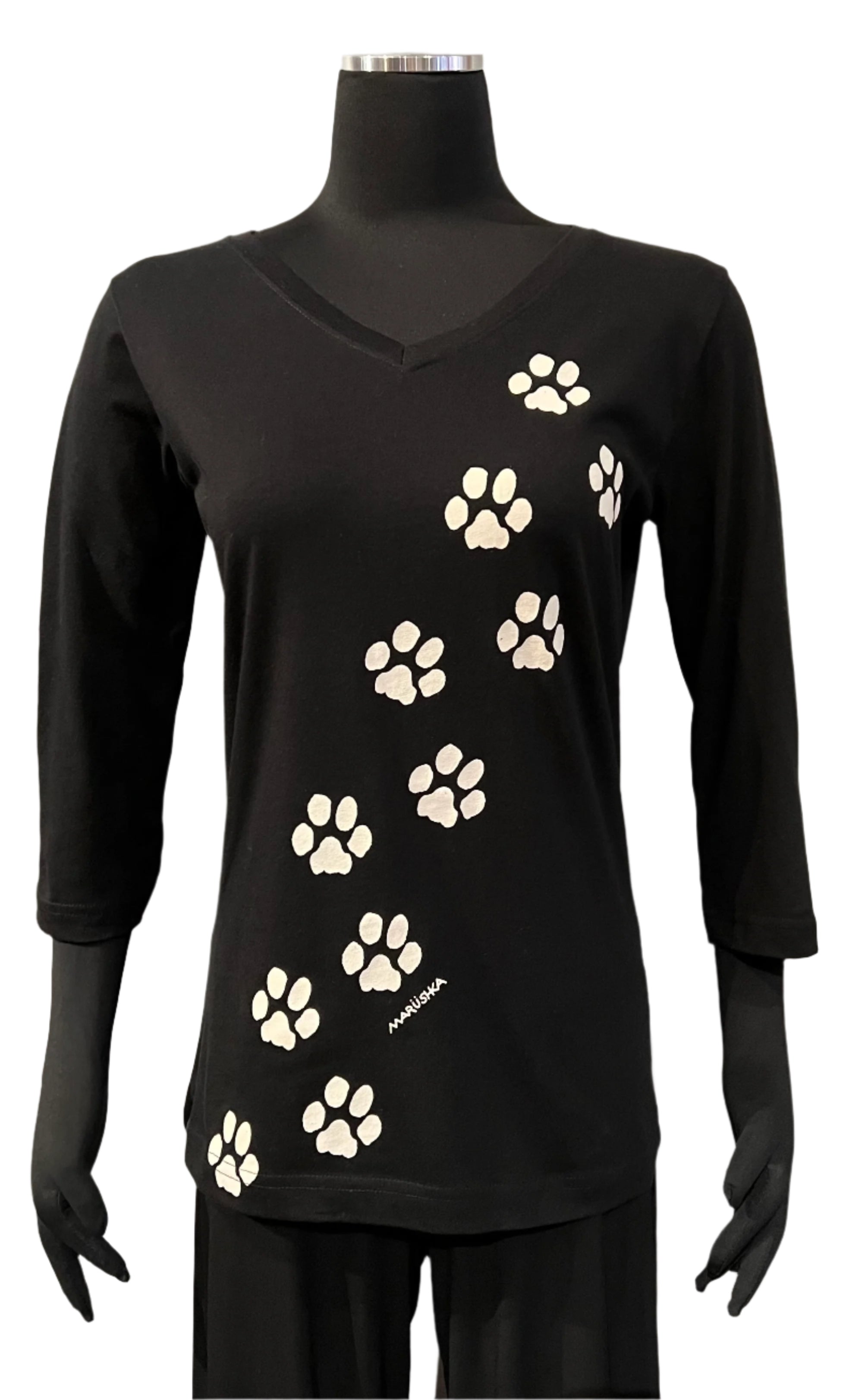 Marüshka PAW12 PAW PRINTS Natural On Black 3/4 Sleeve V-Neck T-Shirt