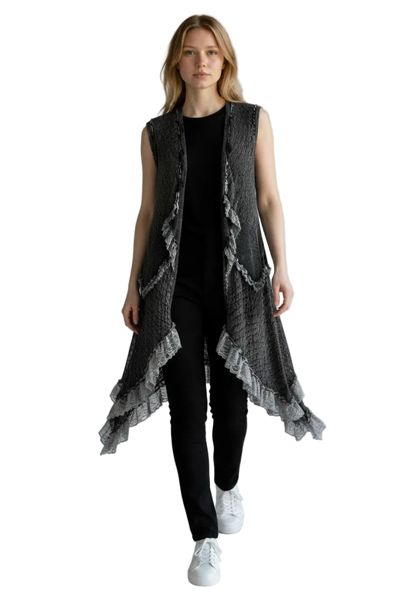 Pol Clothing SMQM12BK BLACK 100% Cotton One Size Ruffled Vintage-Washed Crochet Vest Cardigan