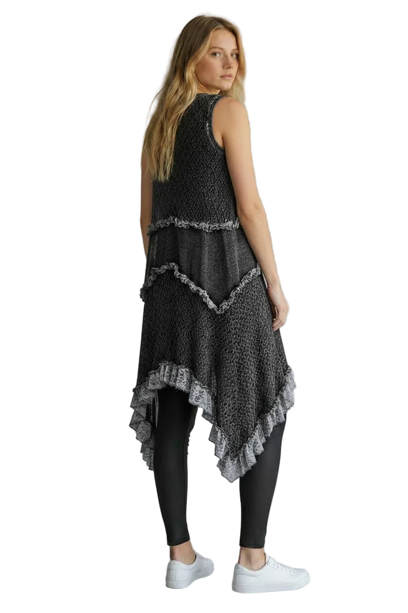 Pol Clothing SMQM12BK BLACK 100% Cotton One Size Ruffled Vintage-Washed Crochet Vest Cardigan