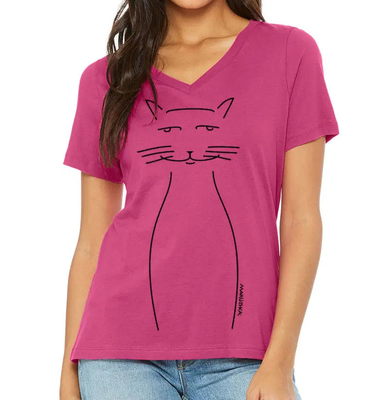 Marüshka RVNBMW WHISKERS Black On Magenta Relaxed V Neck Short Sleeve T-Shirt