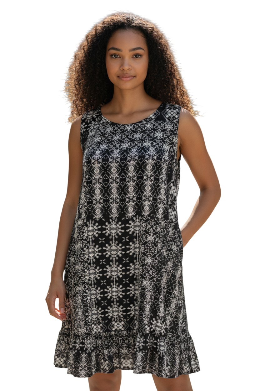 Windhorse Trading SD112BU BLACK & WHITE Sleeveless Boho Tunic Dress