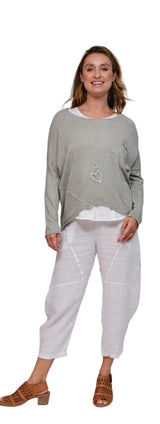 Saga 5328PW WHITE One Size 100% Linen Pull-On Criss Cross Dart Pants