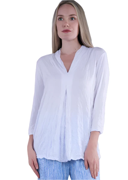 Shana 24065W6 White Crinkle V-Neck Top