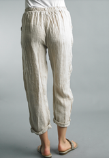Tempo Paris 1119ABG BEIGE 100% Linen Pants With Embroidered Detail & Pockets
