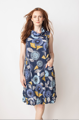 LIV By Habitat Navy Floral Crimped Crepe de Chine Cowl Neck Sleeveless Dress With Pockets