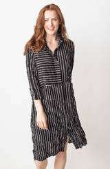 LIV By Habitat Black & White Striped Crimped Crepe De Chine Snap Front Shirt Dress With Pockets
