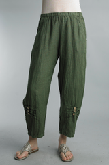 Tempo Paris 440AO Olive 100% Wash Linen Pants With Button Detail and Pockets