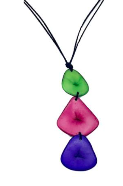 Canoa TRP7 GREEN FUCHSIA PURPLE Triple Pendant Tagua Necklace