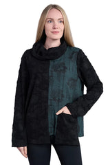 Shana 25825GN GREEN Jacquard Mix Media Cowl Neck Top