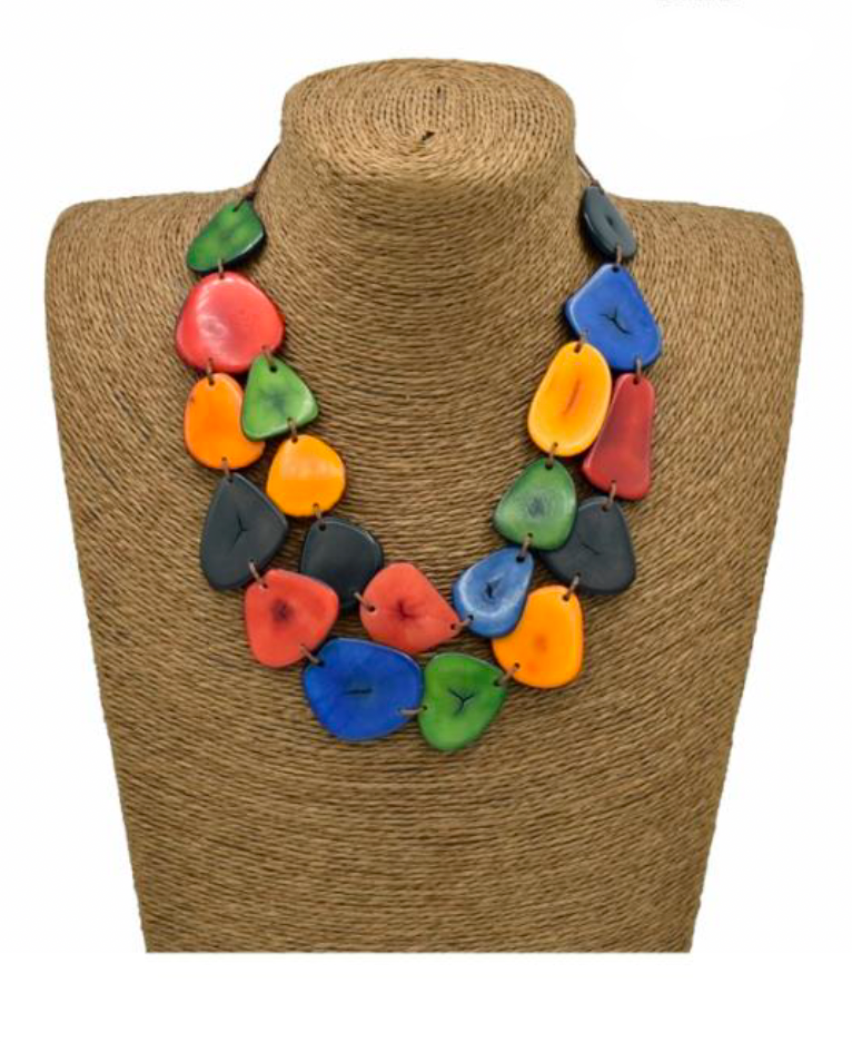 Canoa SMLFLT1 Red Orange Blue Green Black Small Flat Two Strand Tagua Necklace