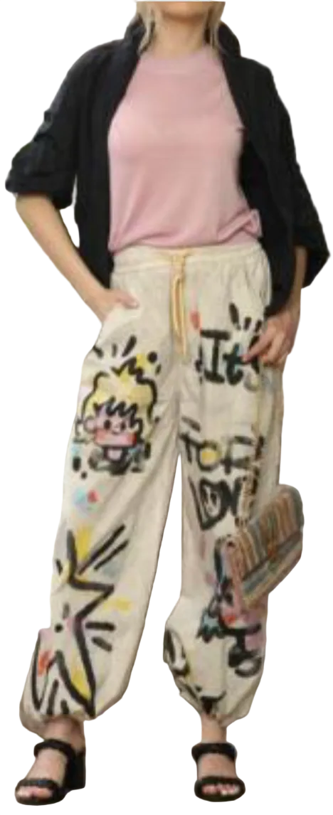 Terra T2627IV IVORY One Size 100% Cotton Pull On Wide Leg Pants In Colorful Graffiti Art Pattern