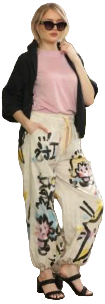 Terra T2627IV IVORY One Size 100% Cotton Pull On Wide Leg Pants In Colorful Graffiti Art Pattern