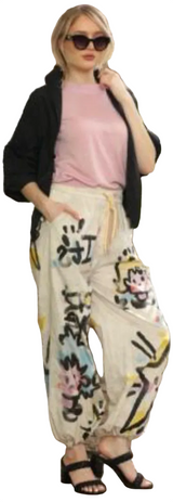 Terra T2627IV IVORY One Size 100% Cotton Pull On Wide Leg Pants In Colorful Graffiti Art Pattern