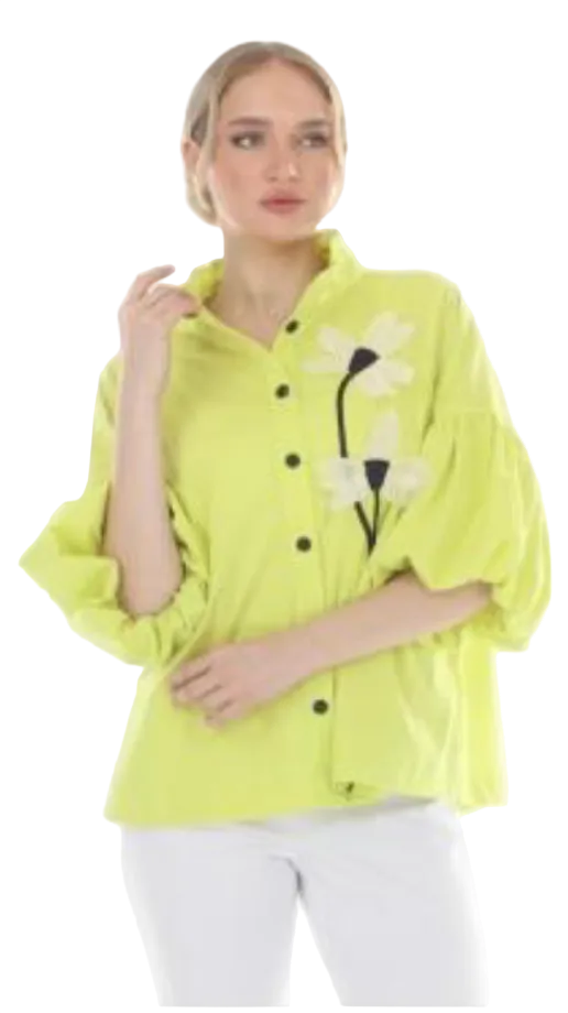 Terra T4663KW KIWI Button Front Standup Collar Blouse With Floral Appliqué