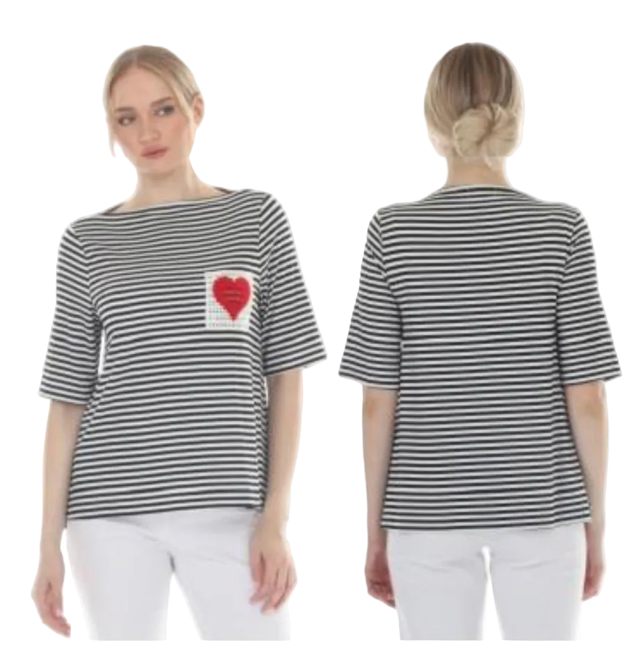 Terra T5608HT HEART Black and White Striped 3/4 sleeve Top With Knit Heart Appliqué