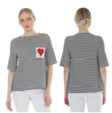 Terra T5608HT HEART Black and White Striped 3/4 sleeve Top With Knit Heart Appliqué