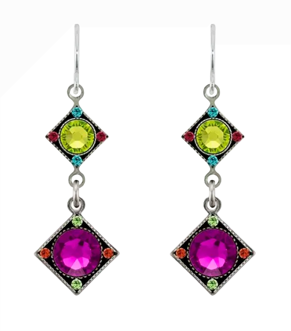 Firefly E792-MC Multicolor Rainbow Two Tier Diamond Shape Drop Earrings