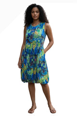 Shana 26011GN GREEN Crinkle Tank Dress With Vertical Seams & Flared Hemline