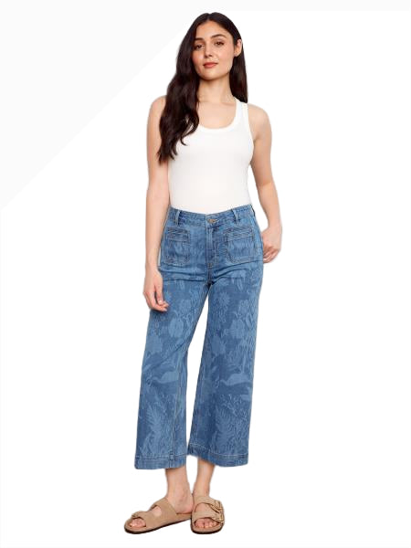 Charlie B C5538RP Floral Printed Cropped Patch Pocket Flare Stretch Denim Pants
