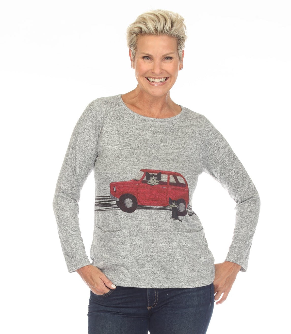 Inoah T1351T NEED A RIDE Long Sleeve Crew Neck Straight Top With Pockets
