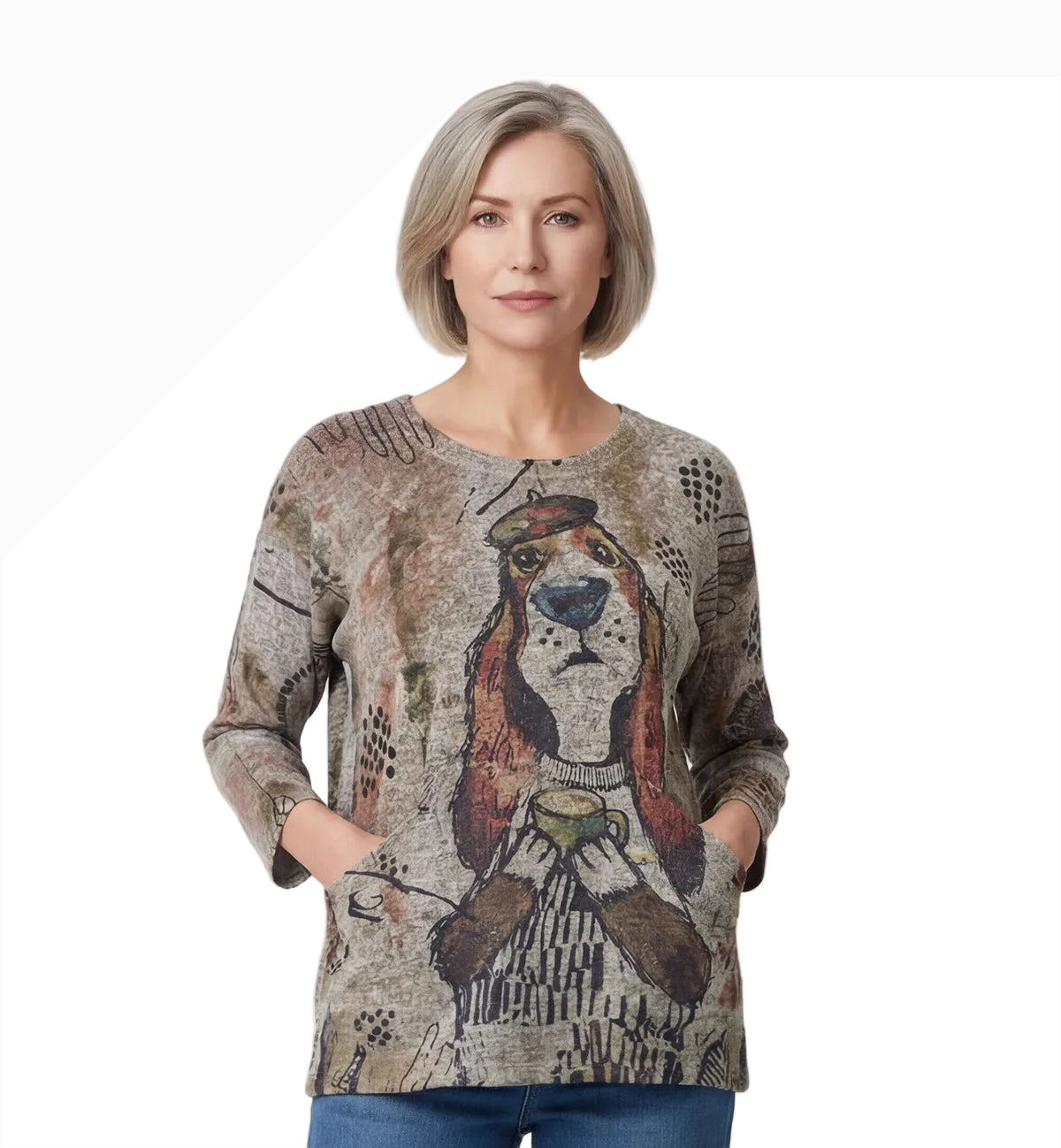 Inoah T1485CN-AF71 PUPPUCHINO Round Neck Elbow Length Sleeve Top With Pockets