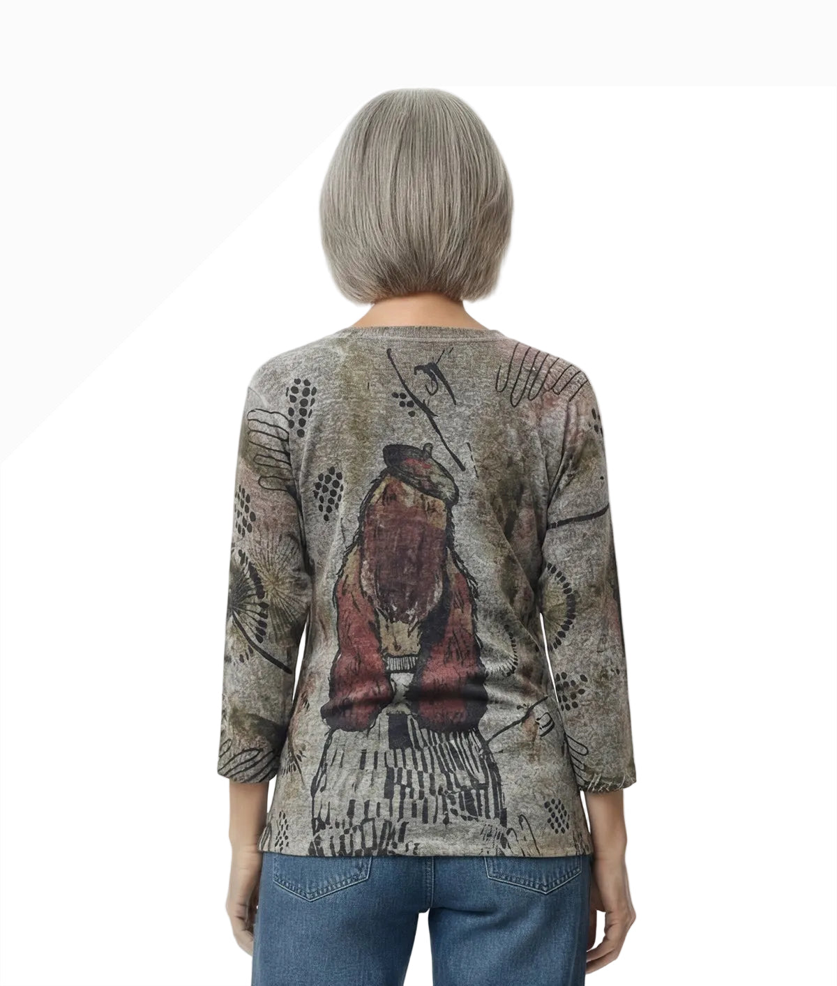 Inoah T1485CN-AF71 PUPPUCHINO Round Neck Elbow Length Sleeve Top With Pockets