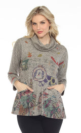 Inoah T1536CNP PONGO'S DAY OUT Brushed Long Sleeve Cowl Neck Sharkbite Hem Top With Pockets