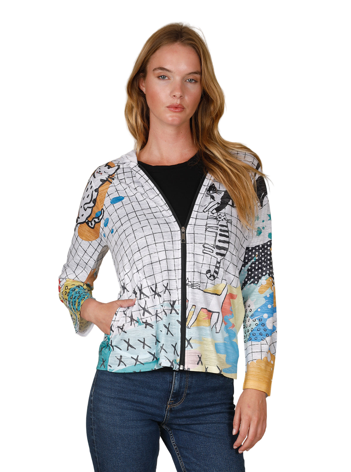 Inoah T1555BO KITTY LOUNGE Zip Front Long Sleeve Hoodie With Pockets