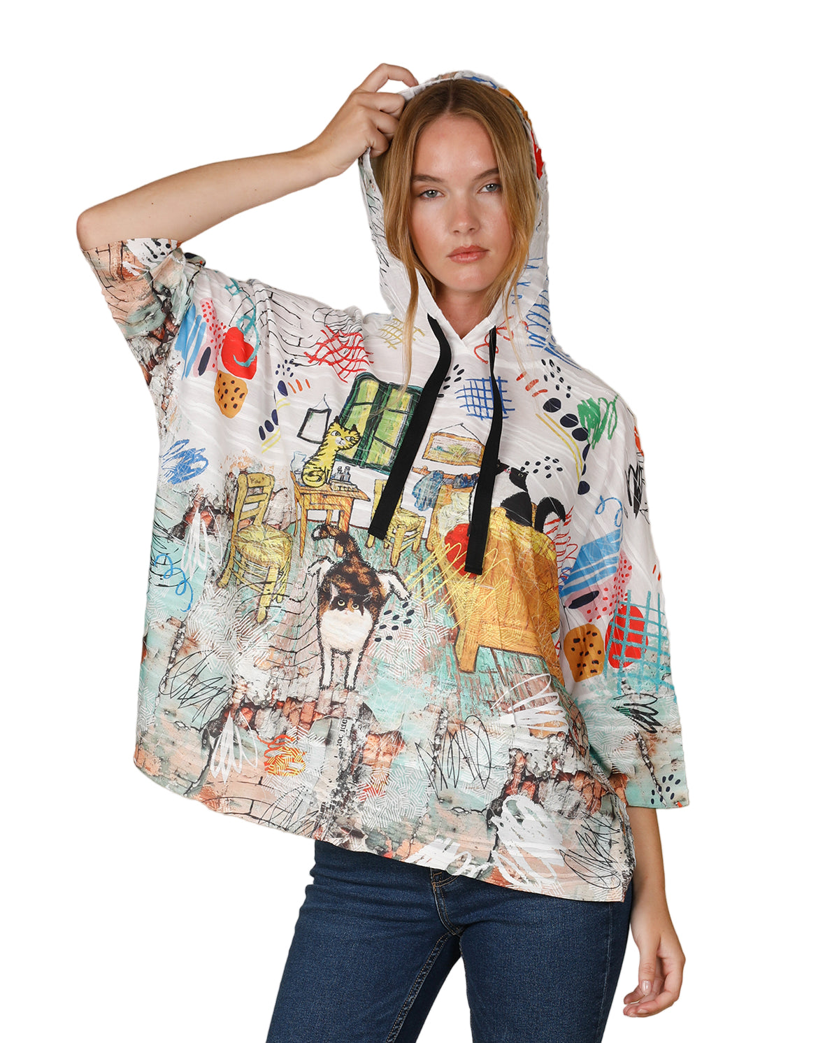 Inoah T1610SM MEOW MATES One Size 3/4 Length Sleeve Hooded Poncho With Pocket