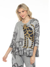 Inoah T208TT TIGGY Grey Melange 3/4 Sleeve Crew Neck Hi-Lo Hem A-Line Swing Top
