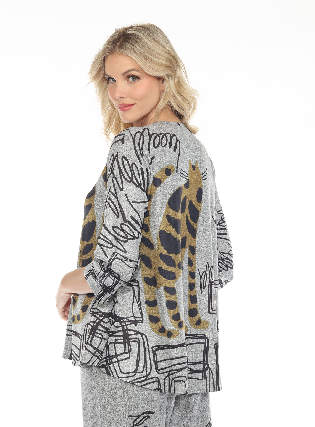 Inoah T208TT TIGGY Grey Melange 3/4 Sleeve Crew Neck Hi-Lo Hem A-Line Swing Top