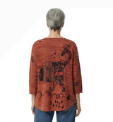 Inoah T350SMR-AF58 RUMI WANDER Cat V-Neck 3/4 Sleeve A-Line Top